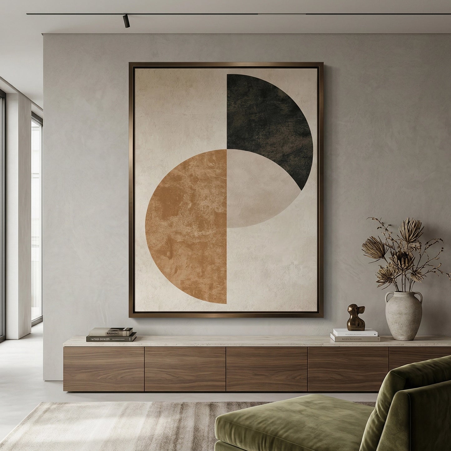 2Minimalist Geometric Eclipse framed art print. Contemporary circular design in neutral tones, perfect for modern apartment styling in Abu Dhabi and Dubai. Shop abstract art online in the UAE