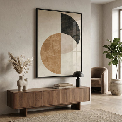 Modern Geometric Eclipse art print in gold and charcoal. Abstract circular wall decor for luxury UAE interiors, available for online purchase in Dubai