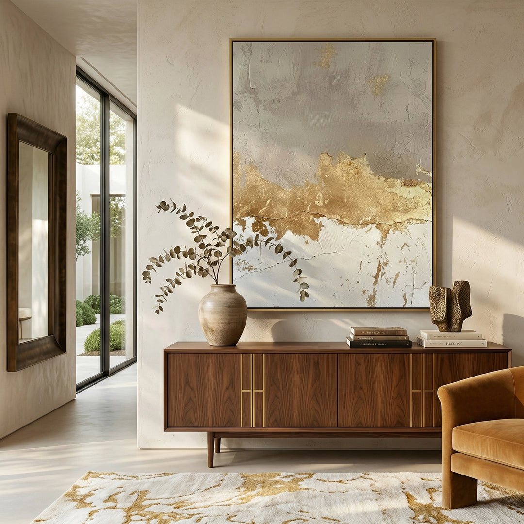 Sculptural 'Gilded Earth' coffee table with a raw-edged stone top and an inset gold-leaf horizon line, a unique handcrafted furniture piece for high-end UAE interiors.