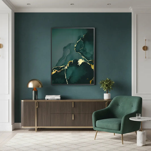 Modern living room with a large dark green and gold abstract fine art print above a console table and a green armchair.
