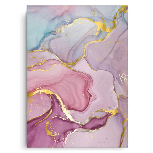 Abstract ink canvas print, pink, purple, blue, and gold marbling effect art, fluid art wall decor