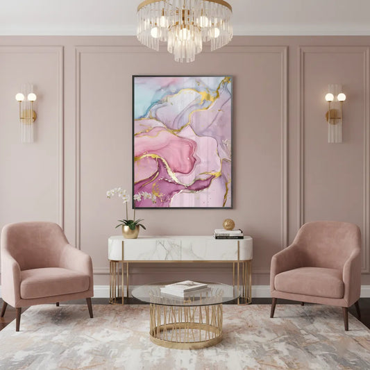 Framed abstract fine art print on wall in blush pink living room, pink, purple, and gold fluid art