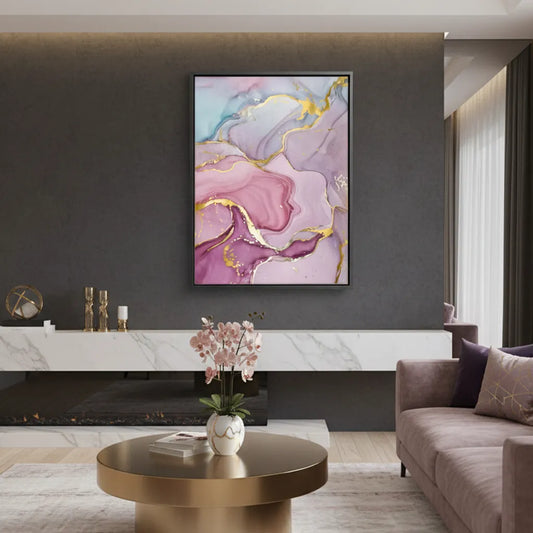 Abstract ink canvas print on dark wall in modern living room, pink, purple, and gold fluid art