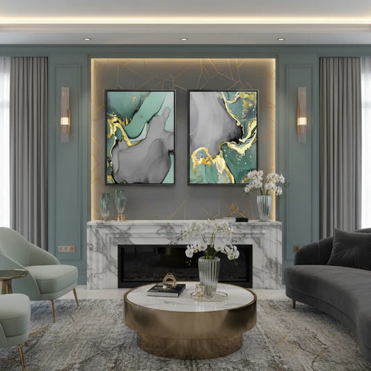 Modern living room with a set of two mint green and gold abstract canvas prints in black frames above a white fireplace UAE Dubai.