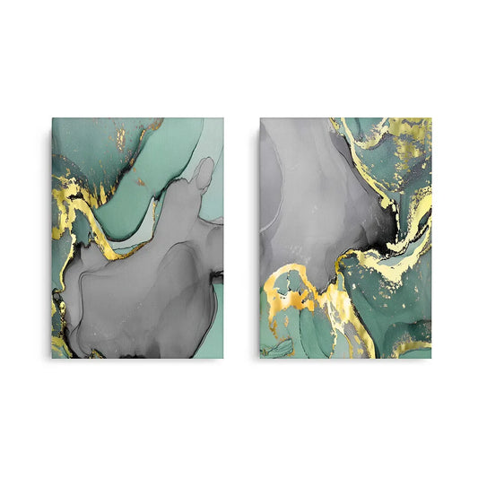 Set of two mint green, grey, and gold abstract canvas prints on a white wall, showing a modern marble design UAE Dubai.