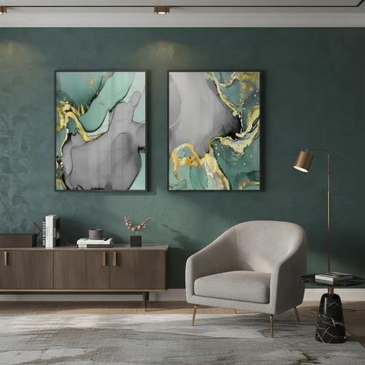 Modern living room with a set of two mint green and gold abstract fine art prints in black frames above a wooden console table UAE Dubai.