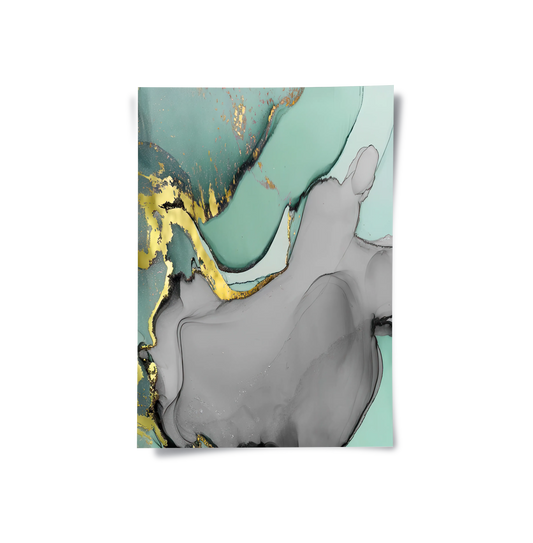 Close-up of mint green, grey, and gold abstract marble poster print with flowing alcohol ink design UAE Dubai.