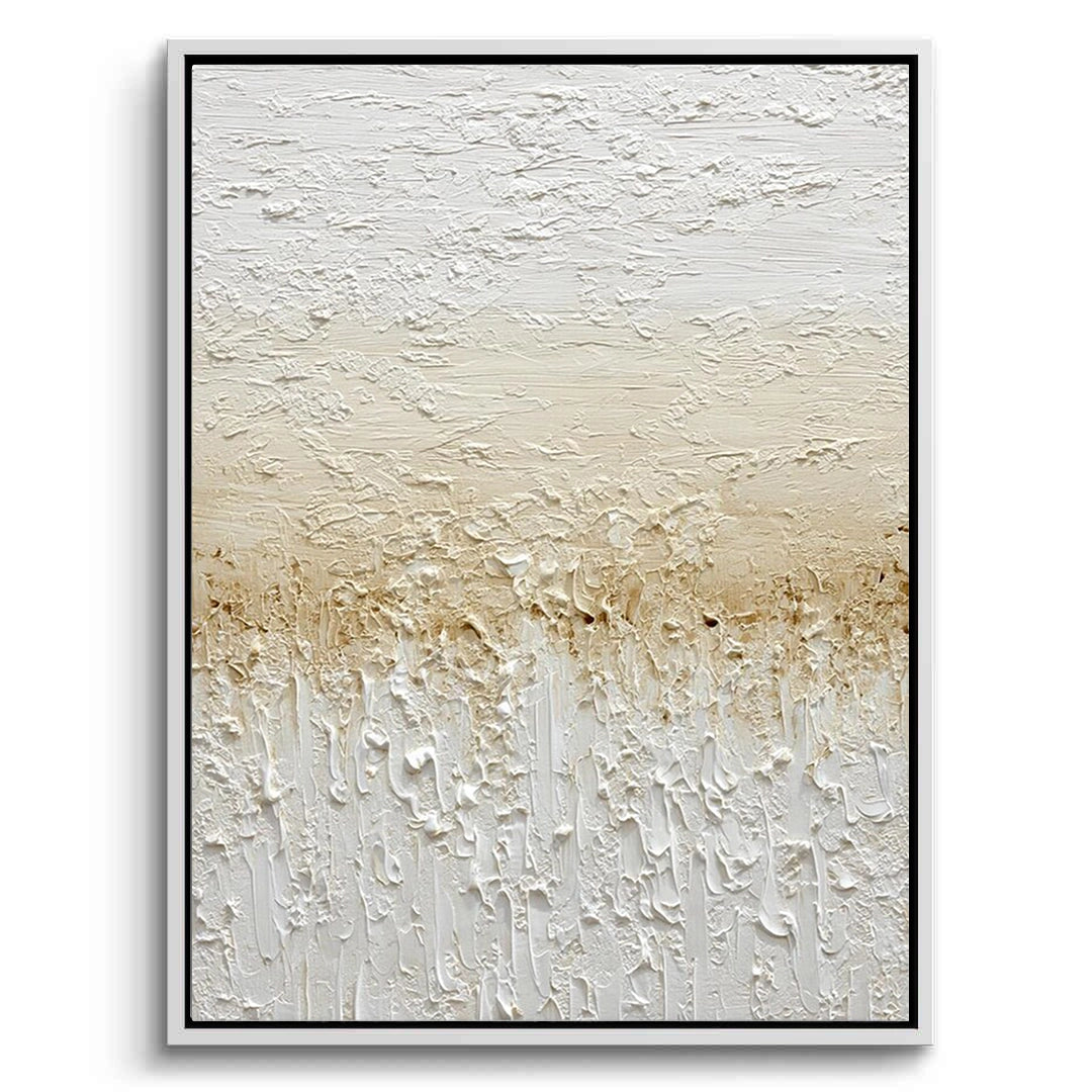 2Large 'Gilded Shore Abstract' painting with hand-applied 24k gold leaf 'waves' on a sandy textured canvas, a majestic statement for a luxury Dubai beachfront villa.