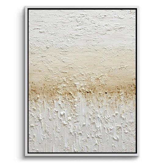 Large 'Gilded Shore Abstract' painting with hand-applied 24k gold leaf 'waves' on a sandy textured canvas, a majestic statement for a luxury Dubai beachfront villa.