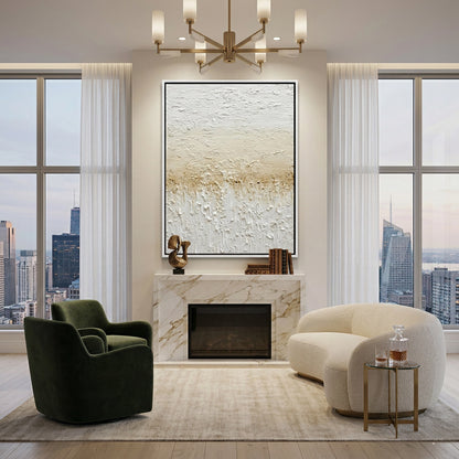 Modern 'Gilded Shore Abstract' canvas art featuring shimmering gold veins and deep turquoise ocean tones, adding a glow to a contemporary Abu Dhabi living room.