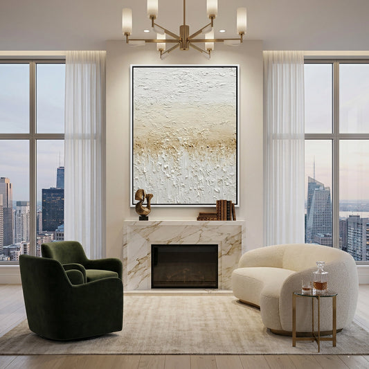 Modern 'Gilded Shore Abstract' canvas art featuring shimmering gold veins and deep turquoise ocean tones, adding a glow to a contemporary Abu Dhabi living room.