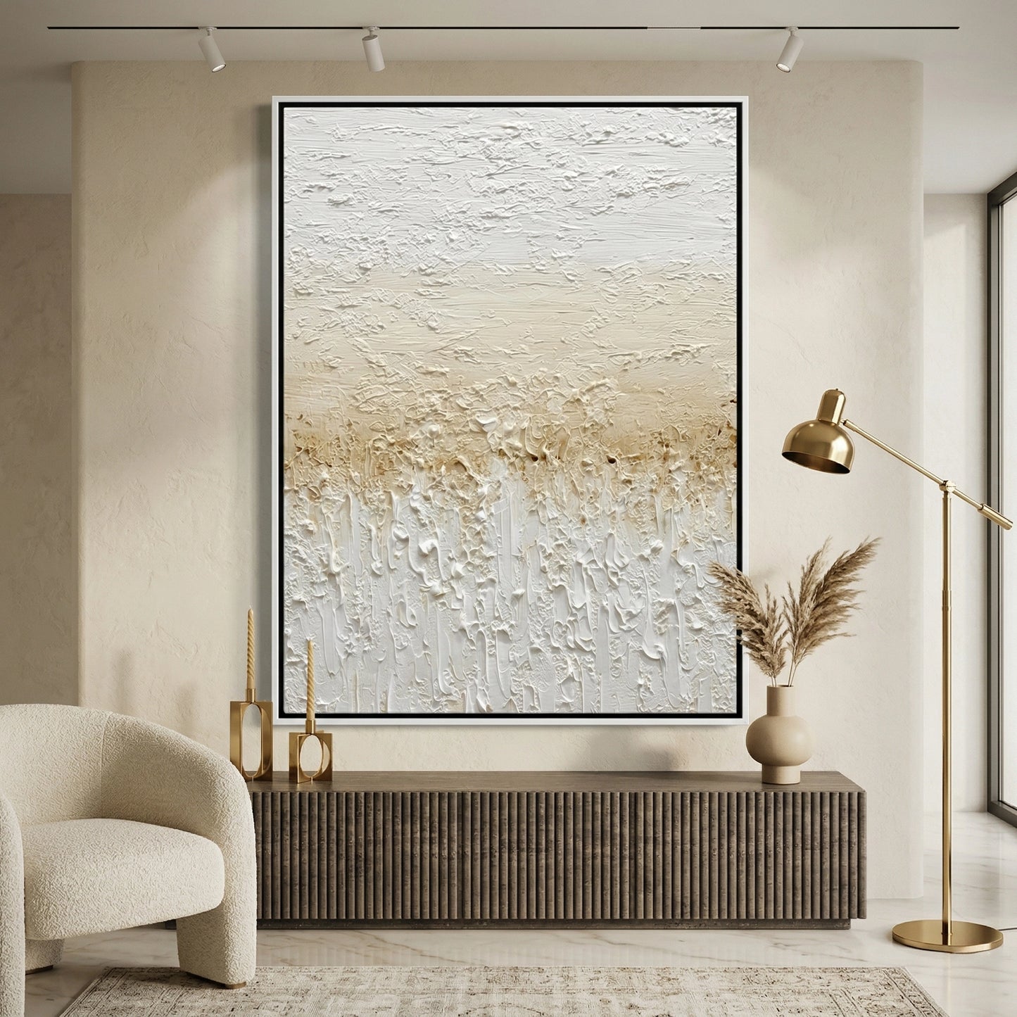 2Minimalist 'Gilded Shore' abstract wall art with metallic gold accents and a textured shoreline finish, premium coastal decor available in the UAE.