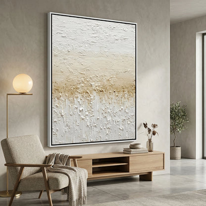 Luxury 'Gilded Shore' resin ocean art with real sand textures and floating gold pigment, a stunning handcrafted focal point for a modern Dubai apartment.