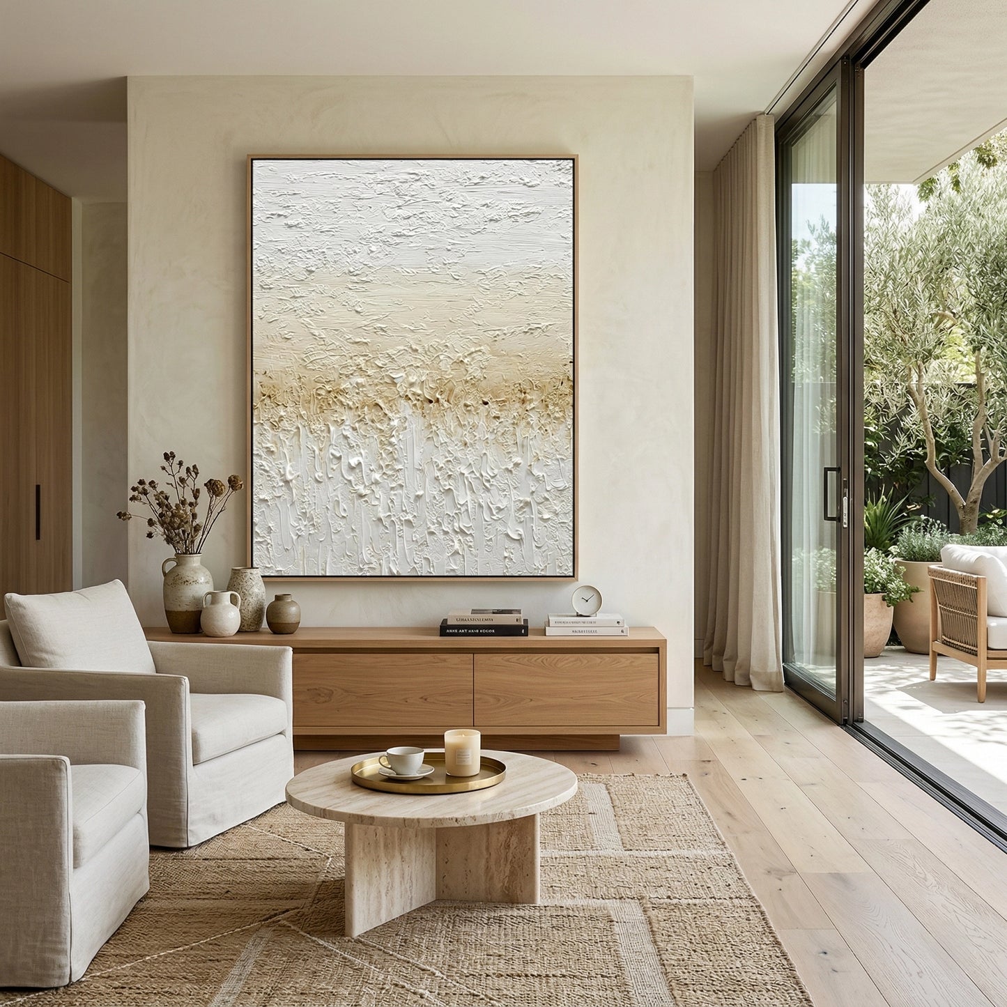 23D 'Gilded Shore' mixed media artwork featuring raised gold leaf 'surf' lines and iridescent pearl finishes, an elegant accessory for high-end UAE interiors.