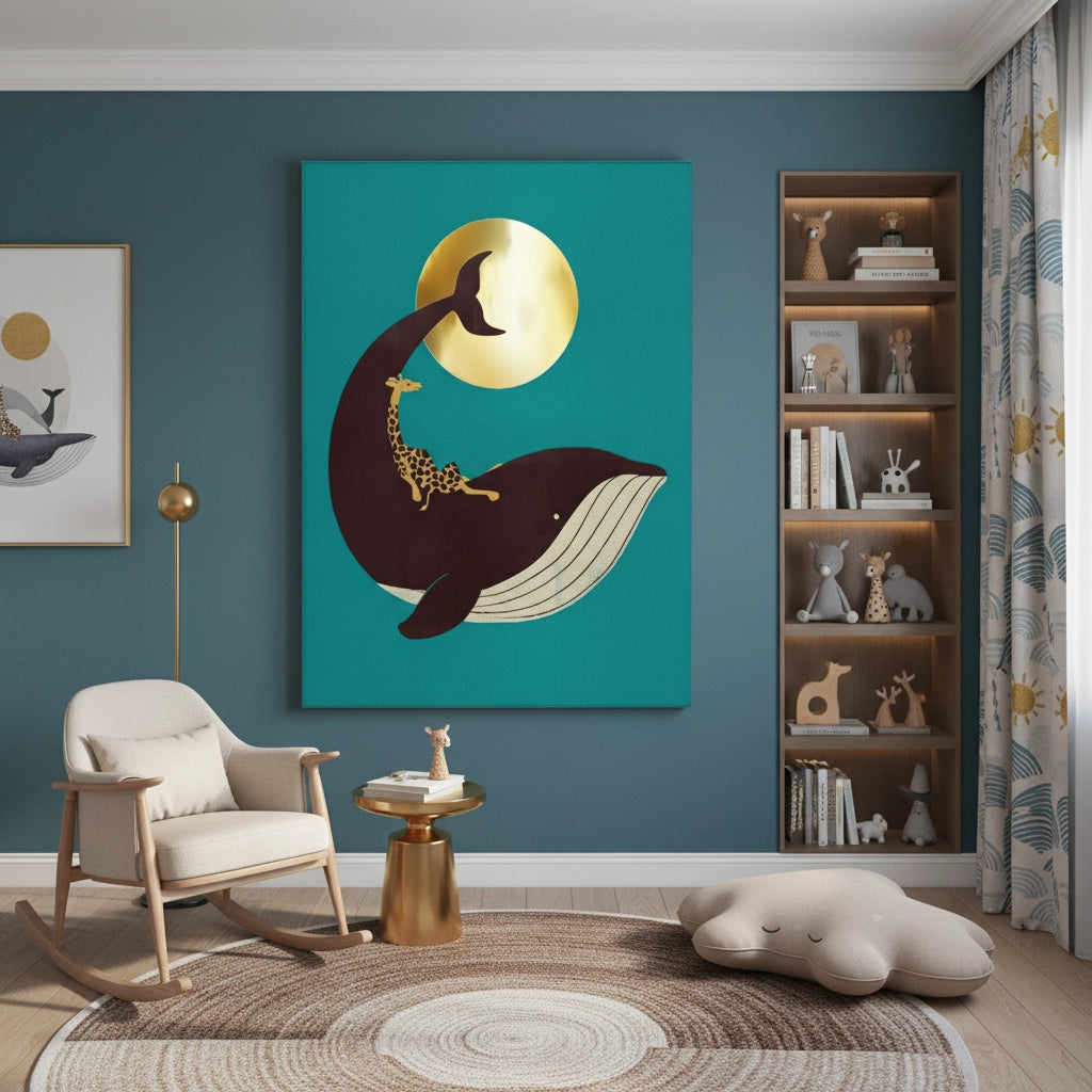 Giraffe Riding Whale - Canvas - Jasmineart.ae