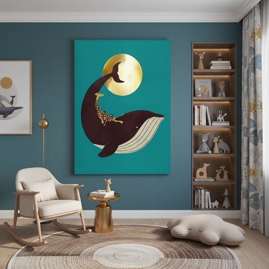 Giraffe Riding Whale - Canvas