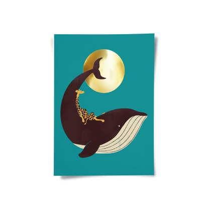 Giraffe Riding Whale - Poster
