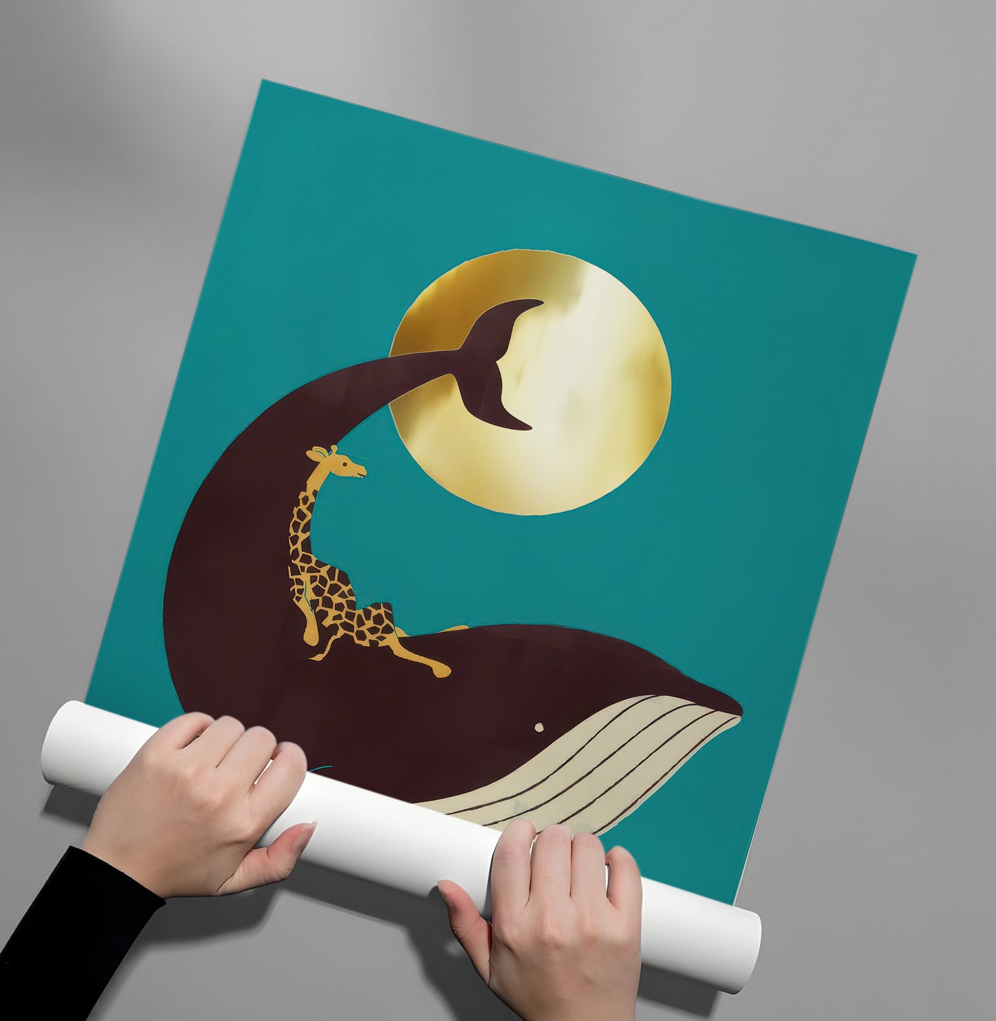 2Giraffe Riding Whale - Poster