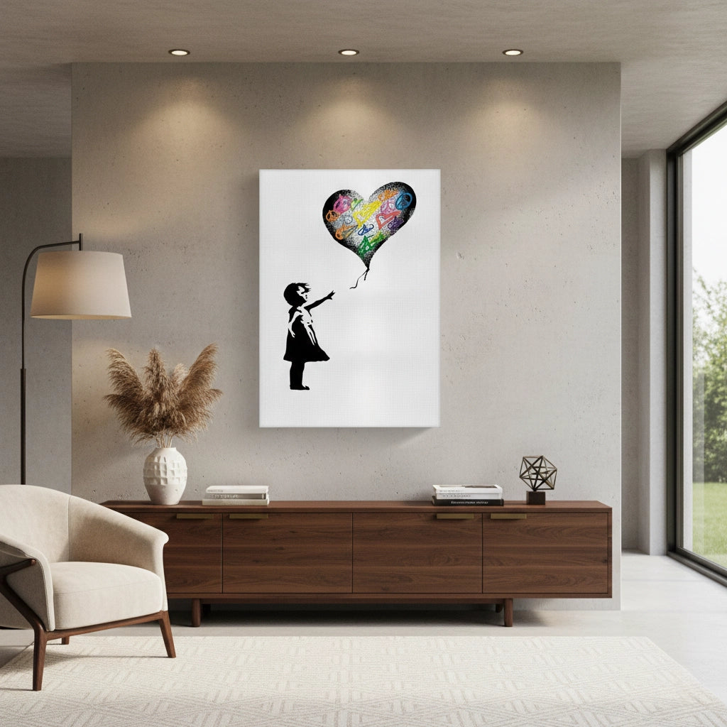 Girl Reaching for Peace Heart Balloon - Canvas