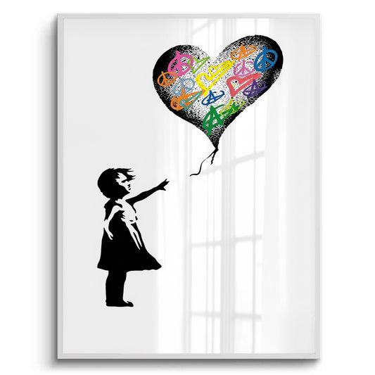 Girl Reaching for Peace Heart Balloon - Fine Art