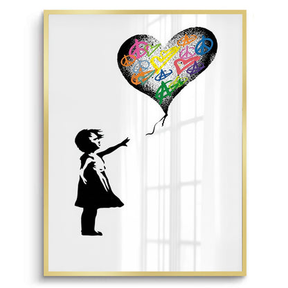 Girl Reaching for Peace Heart Balloon - Fine Art