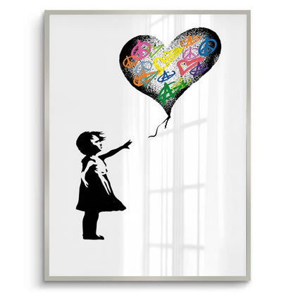 Girl Reaching for Peace Heart Balloon - Fine Art