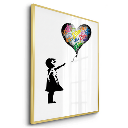 Girl Reaching for Peace Heart Balloon - Fine Art