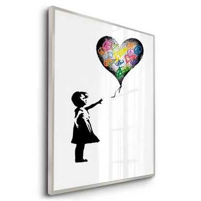 Girl Reaching for Peace Heart Balloon - Fine Art