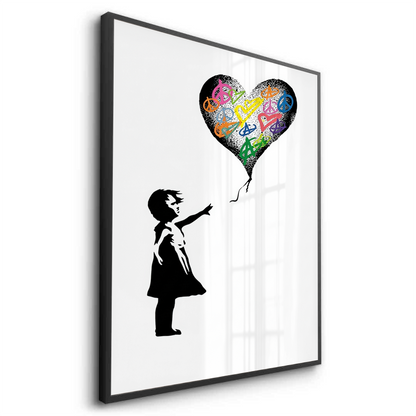 Girl Reaching for Peace Heart Balloon - Fine Art