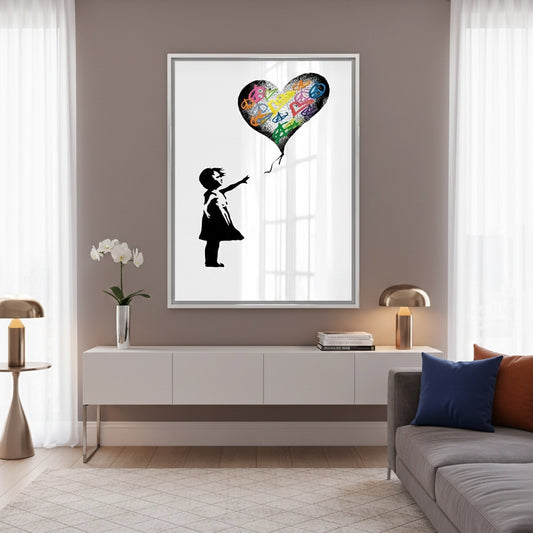 Girl Reaching for Peace Heart Balloon - Fine Art