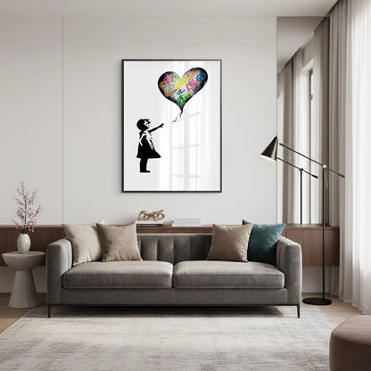 Girl Reaching for Peace Heart Balloon - Fine Art