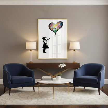 Girl Reaching for Peace Heart Balloon - Fine Art