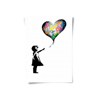 Girl Reaching for Peace Heart Balloon - Poster