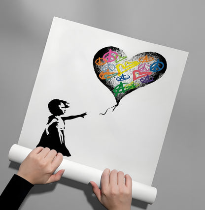 Girl Reaching for Peace Heart Balloon - Poster