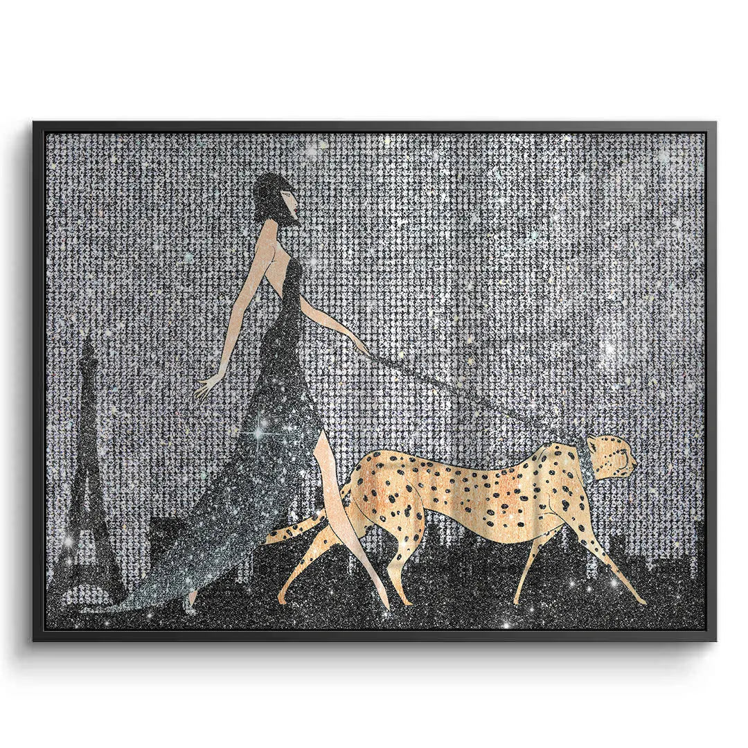 2Black framed acrylic print stylish woman and cheetah gold accents