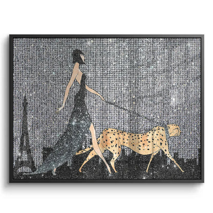 Black framed acrylic print stylish woman and cheetah gold accents