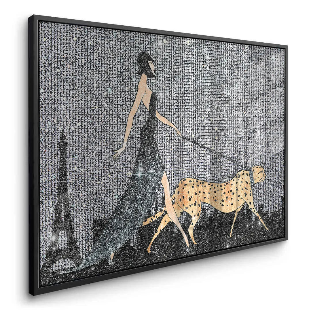 Side view of acrylic panel art woman cheetah gold spots black framed