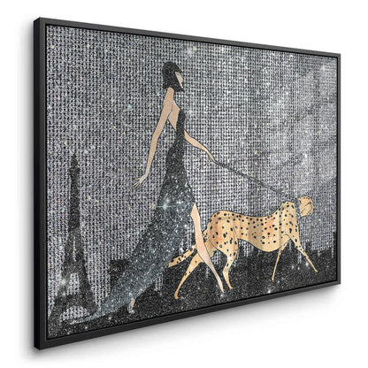 Side view of acrylic panel art woman cheetah gold spots black framed