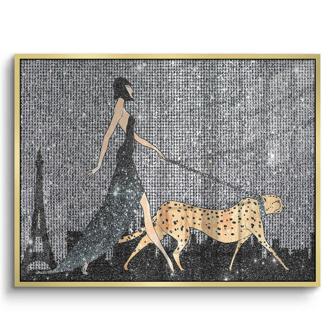 Gold framed acrylic art woman walking cheetah glamorous style