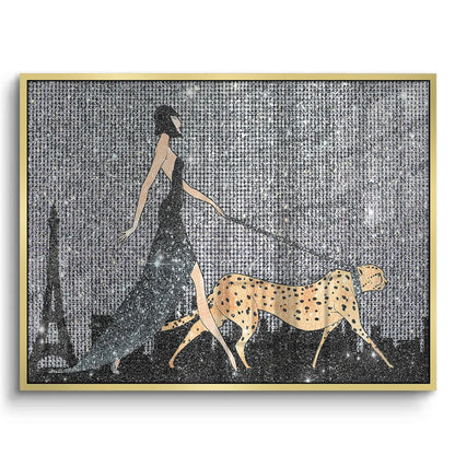 Gold framed acrylic art woman walking cheetah glamorous style