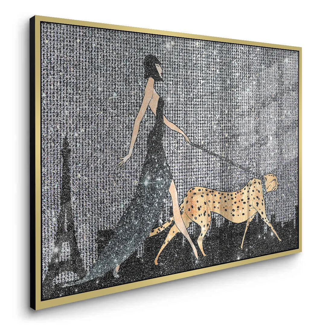 Side view of framed acrylic artwork of a woman walking a cheetah on a textured background