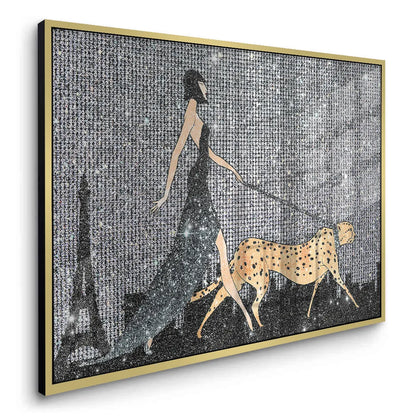 Side view of framed acrylic artwork of a woman walking a cheetah on a textured background