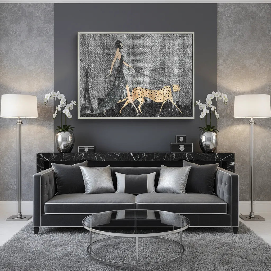 Modern living room with Framed acrylic art of woman walking cheetah above gray sofa