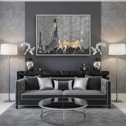 Modern living room with Framed acrylic art of woman walking cheetah above gray sofa
