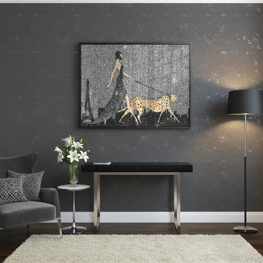Luxury wall decor with woman and cheetah acrylic print in modern interior