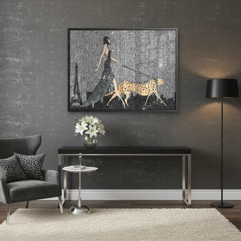 2Large horizontal acrylic print of woman and cheetah above console table modern art