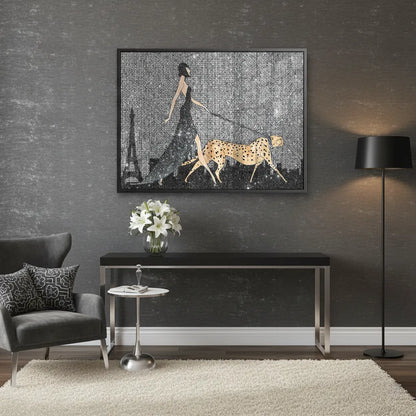 Large horizontal acrylic print of woman and cheetah above console table modern art