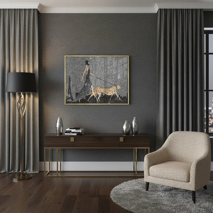 Modern living room with a framed acrylic artwork od Woman and cheetah