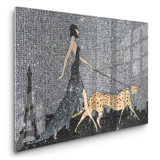 Horizontal acrylic print woman walking cheetah black silver glitter