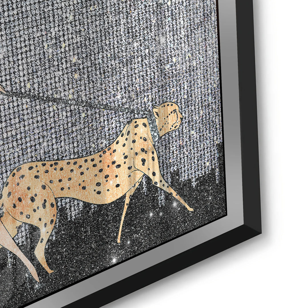 Close-up of Framed acrylic artwork of a cheetah on textured gray background